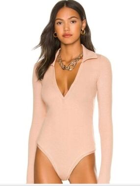 Alix NYC Long-Sleeve Collared V-Neck Bodysuit in Blush
